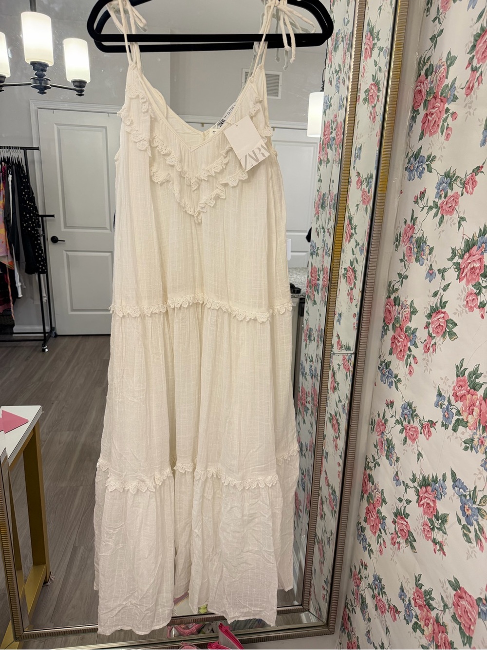 Zara Cream Tiered Maxi Dress with Ruffle Trim and Tie Straps